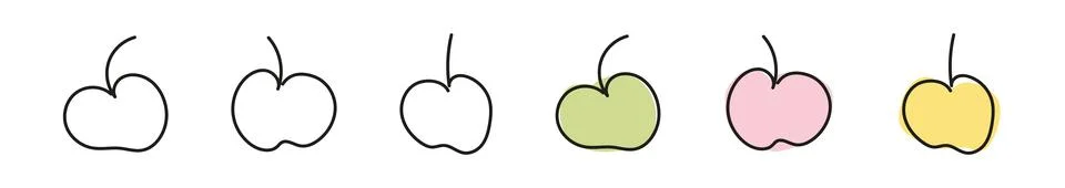 Set of apples isolated on a white background. Includes black outline, continu Stock Illustration