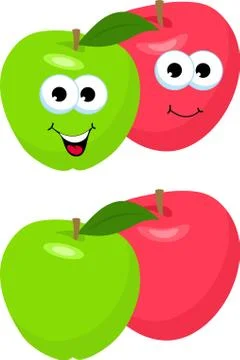 Set of Apples with leaf. Cute and funny red and green apple character, mascot Stock Illustration