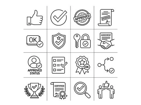 Set of approval and confirmation icons including thumbs up, checkmark, appr.. Stock Illustration