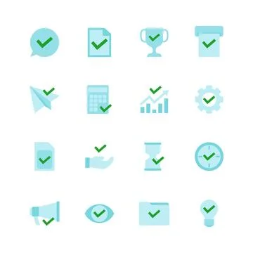 Set of Approval Check Mark icon set collection with thin line outline. The .. Stock Illustration