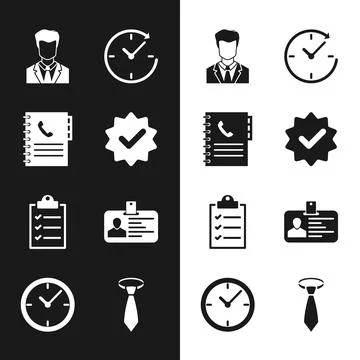 Set Approved and check mark, Phone book, User of man in business suit, Clock Stock Illustration