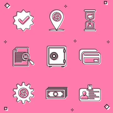 Set Approved and check mark, Cash location pin, Old hourglass, Document with 库存插图