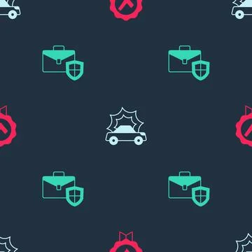 Set Approved and check mark, Car accident and Briefcase with shield on seamle Stock Illustration