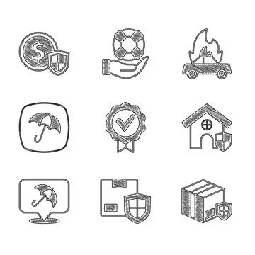 Set Approved and check mark, Delivery security with shield, House, Umbrella Stock Illustration