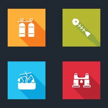 Set Aqualung, Dead fish, Sinking cruise ship and Binoculars icon. Vector Stockillustratie