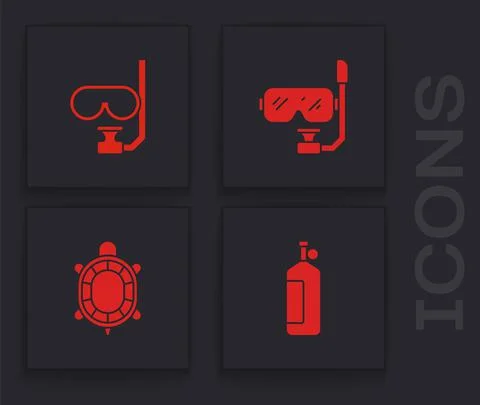 Set Aqualung, Diving mask and snorkel, and Turtle icon. Vector Stock Illustration