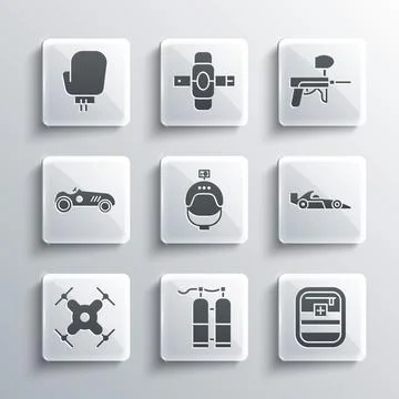Set Aqualung, First aid kit, Formula 1 racing car, Helmet and action camera Stock Illustration