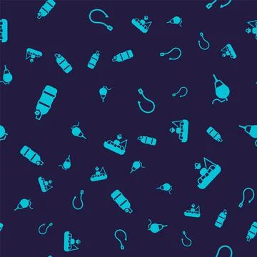 Set Aqualung, Fishing float, hook and Fisherman boat on seamless pattern. Vector Stock Illustration