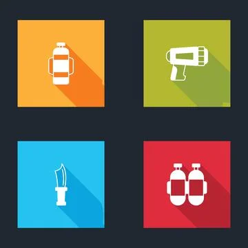 Set Aqualung, Flashlight for diver, Diving knife and  icon. Vector Stock Illustration