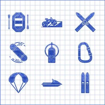 Set Aqualung, Jet ski, Ski and sticks, Carabiner, Parachute, Skateboard trick Stock Illustration