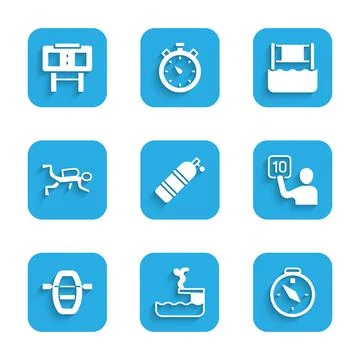 Set Aqualung, Swimmer diving into pool, Compass, Assessment of judges, Boat with Stock Illustration