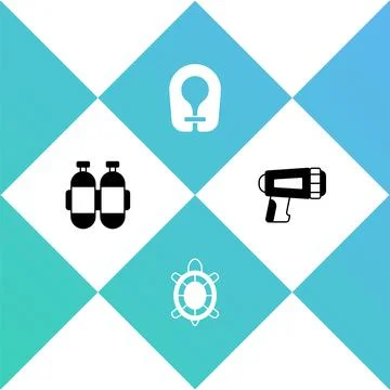 Set Aqualung, Turtle, Life jacket and Flashlight for diver icon. Vector Illustrazione stock