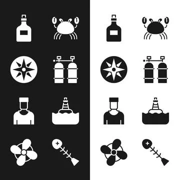 Set Aqualung, Wind rose, Rum bottle, Crab, Sailor captain, Floating buoy, Dead 스톡 일러스트