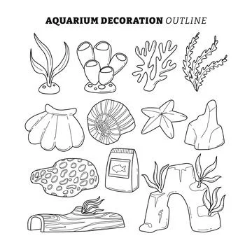 Set of Aquarium elements outline collection with line art style, quarium fi.. Stock-Illustration