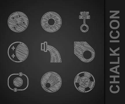 Set Aquarius zodiac, Comet, Sun, Solar system, Eclipse of the sun, Old magic key Ilustração Stock