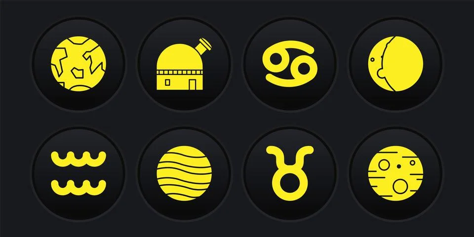 Set Aquarius zodiac, Eclipse of the sun, Planet Jupiter, Taurus, Cancer 스톡 일러스트