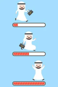 Set of Arab businessman running on loading bar, 3 progress steps, start , dow Illustrazione stock
