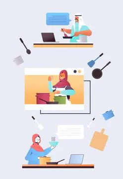 Set arab chefs preparing food online cooking virtual culinary school concept Stock Illustration