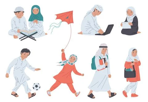 Set of arab kids studying, reading book and playing - flat vector illustration イラスト素材