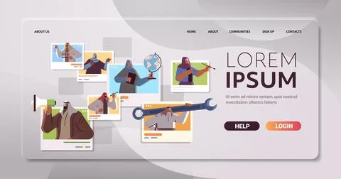 Set arab people of different occupations workers in web browser windows 스톡 일러스트