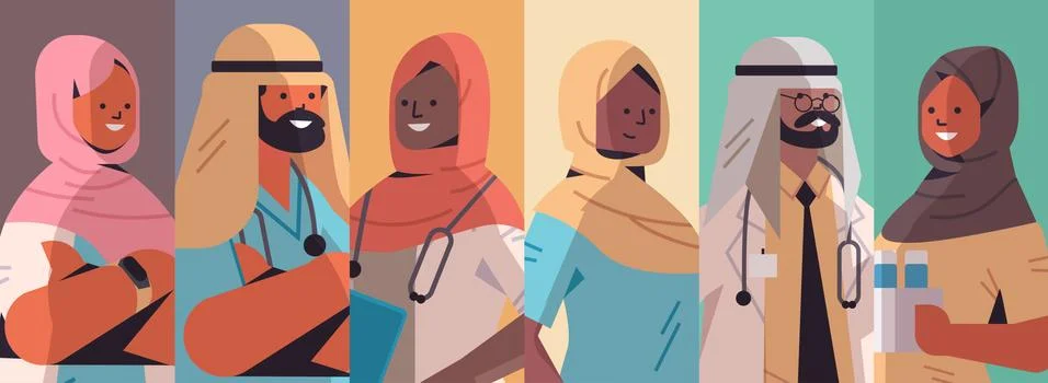 Set arabic doctors avatars arab men women wearing hijabs medical workers Stock Illustration