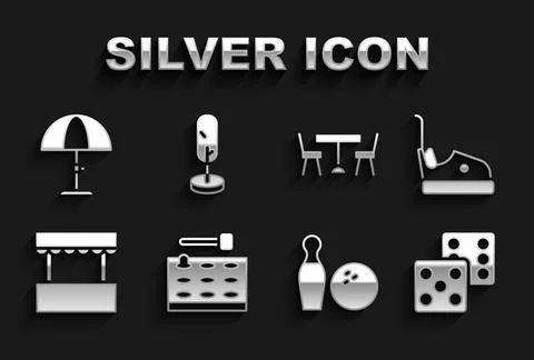 Set Arcade game machine, Bumper car, Game dice, Bowling pin and ball, Ticket box Ilustración de archivo