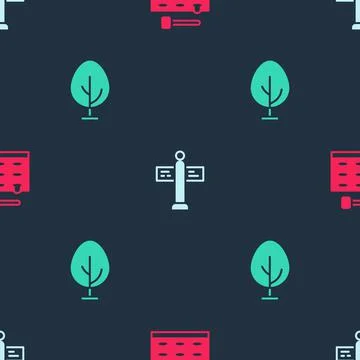 Set Arcade game machine, Road traffic signpost and Tree on seamless pattern イラスト素材
