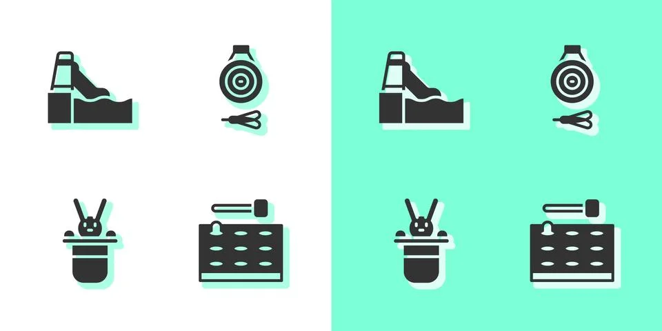 Set Arcade game machine, Water slide, Magician hat and rabbit and Classic dart Stock Illustration