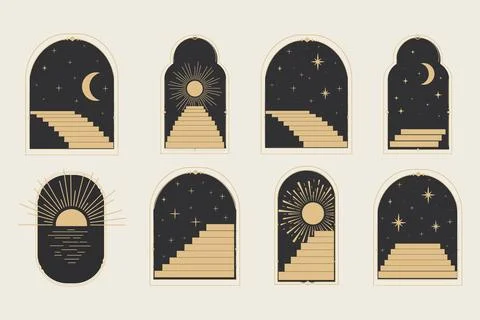 Set arch window line frame celestial, mystic with staircase, astrology symbols Stock Illustration