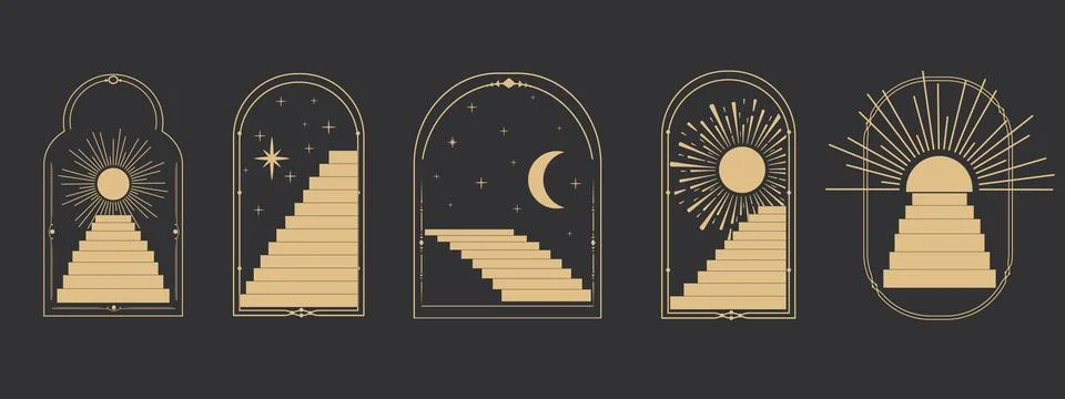Set arch window line frame celestial, mystic with staircase, astrology symbols Stock Illustration