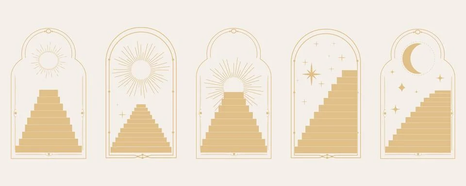 Set arch window line frame astrology celestial, mystic with stairs, spiritual Stock Illustration