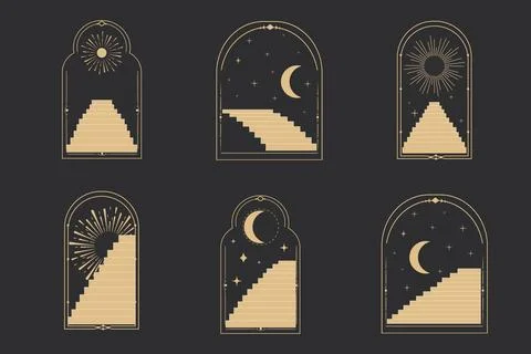 Set arch window line frame celestial, mystic with staircase, astrology symbols Stock Illustration