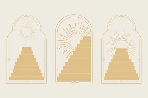 Set arch window line frame celestial, mystic with staircase, astrology symbols Illustrazione stock
