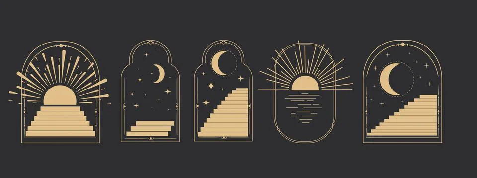 Set arch window line frame celestial, mystic with staircase, astrology symbols Stock Illustration