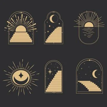 Set arch window line frame celestial, mystic with staircase, astrology symbols Stock Illustration