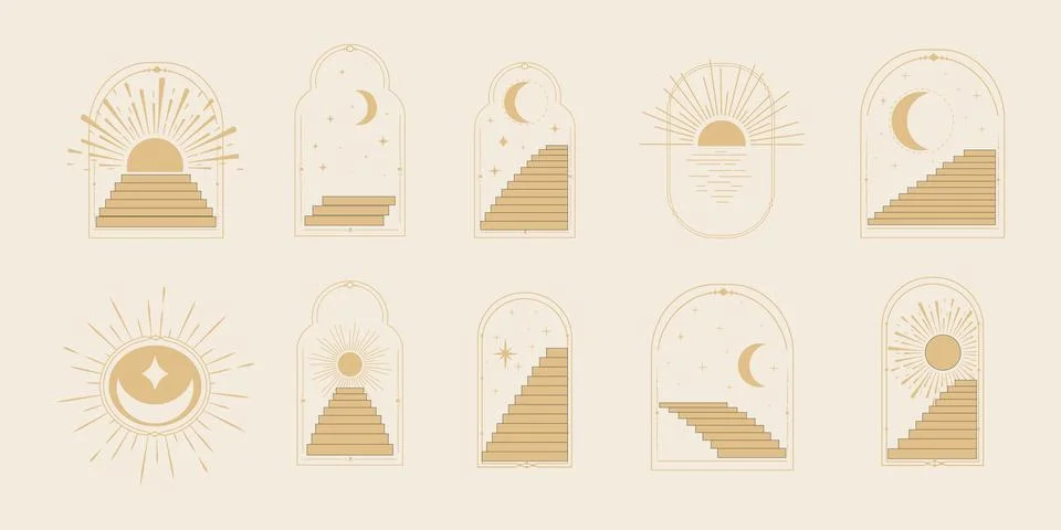 Set arch window thin line frame celestial, mystic with staircase, astrology Illustrazione stock