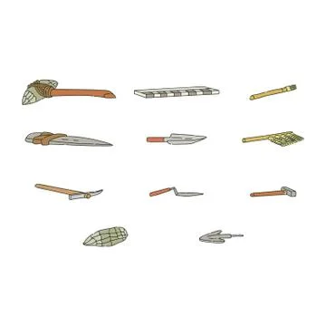 Set of archaeological equipment and tools of prehistoric man sketch style Stock Illustration