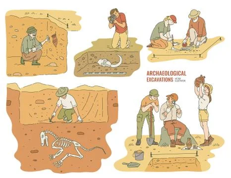 Set of archaeologists excavating historical artifacts vector illustration Illustrazione stock