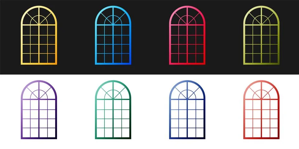 Set Arched window icon isolated on black and white background. Vector Stock Illustration