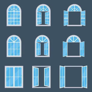 Set of Arched Windows Closed and Open Flat Icons on Dark Background Stock Illustration