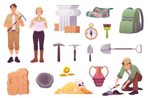 Set of archeology ancient artifacts vector icons, digging tools and elements of 스톡 일러스트