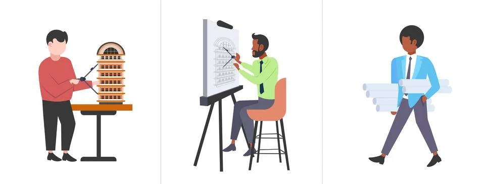 Set architects engineers drafting new building city model urban panning project Ilustración de archivo