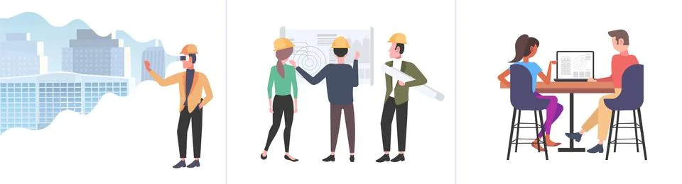 Set architects working with blueprint engineers drafting new building urban Ilustración de archivo