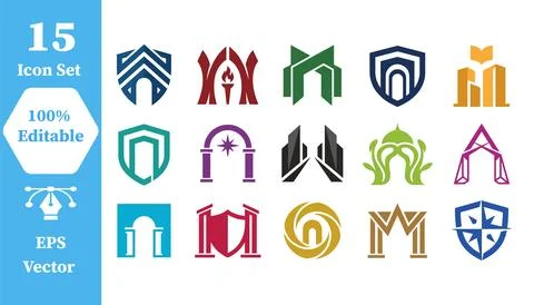 Set of architectural arch and gateway icons with architecture, building Stock Illustration