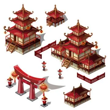 A set of architectural elements in Oriental style. Pagoda house and gate black Stock Illustration
