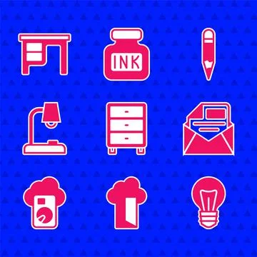 Set Archive papers drawer, Cloud database, Light bulb, Mail and e-mail, Table Stock Illustration