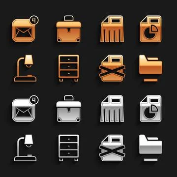 Set Archive papers drawer, Document with graph chart, folder, Delete file Stock Illustration