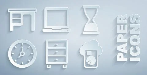 Set Archive papers drawer, Old hourglass, Clock, Cloud database, Laptop and Stock Illustration
