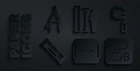 Set Area measurement, Micrometer, Construction bubble level, Route location.. Stock Illustration