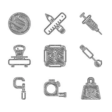 Set Area measurement, Roulette construction, Weight, Measuring spoon, Micrometer Stock Illustration